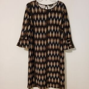 Peach Velvet Stretch Brown/Black/Beige 3/4 Flare Sleeves Shift Dress Size 10